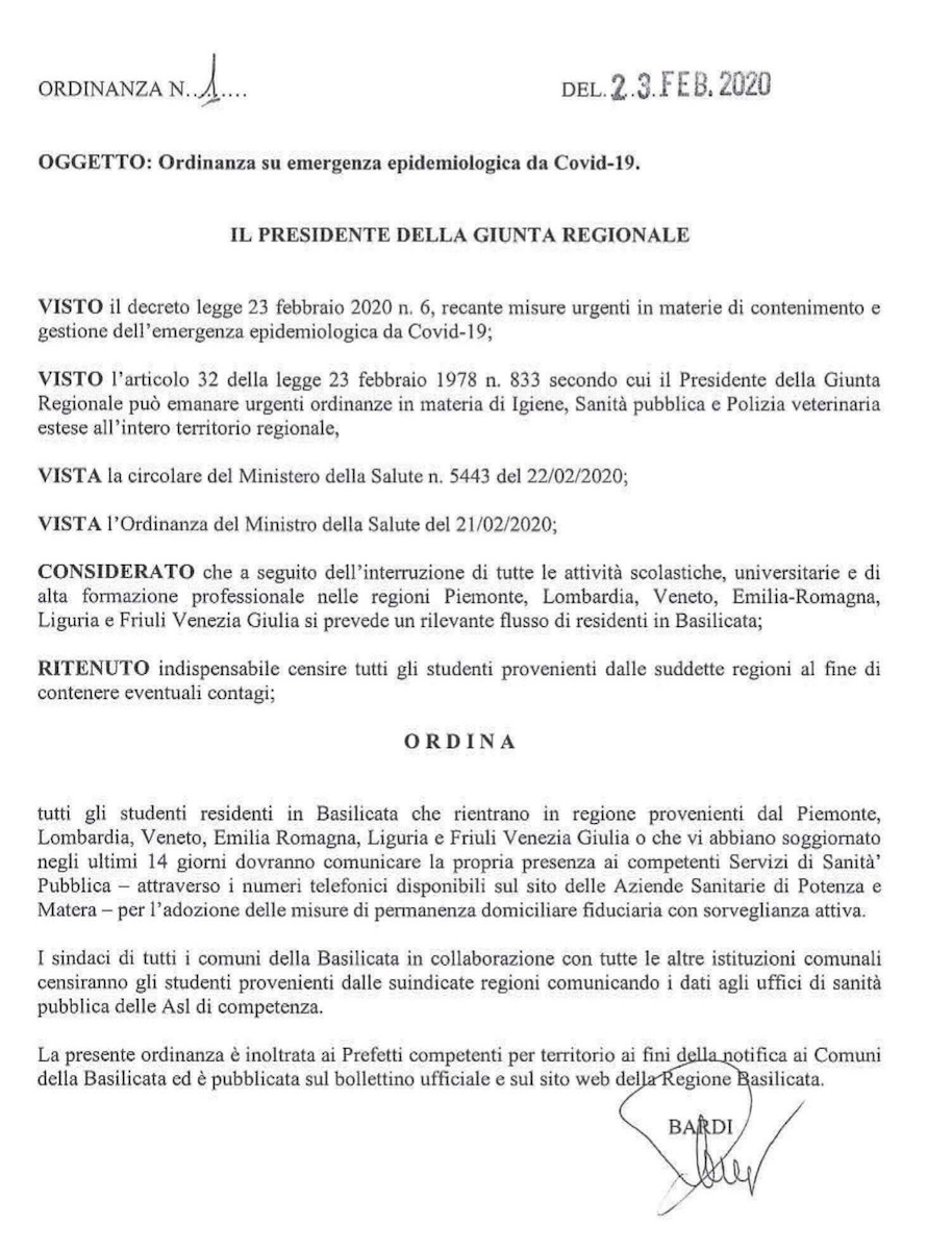 ordinanza bardi basilicata coronavirus